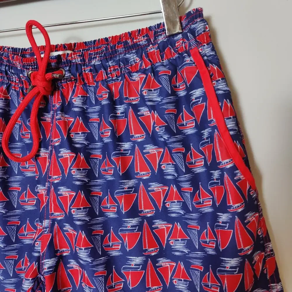 Mr. Swim Men's Sz M Sailboat Nautical Swim Trunks Short Inseam Blue Red Summer